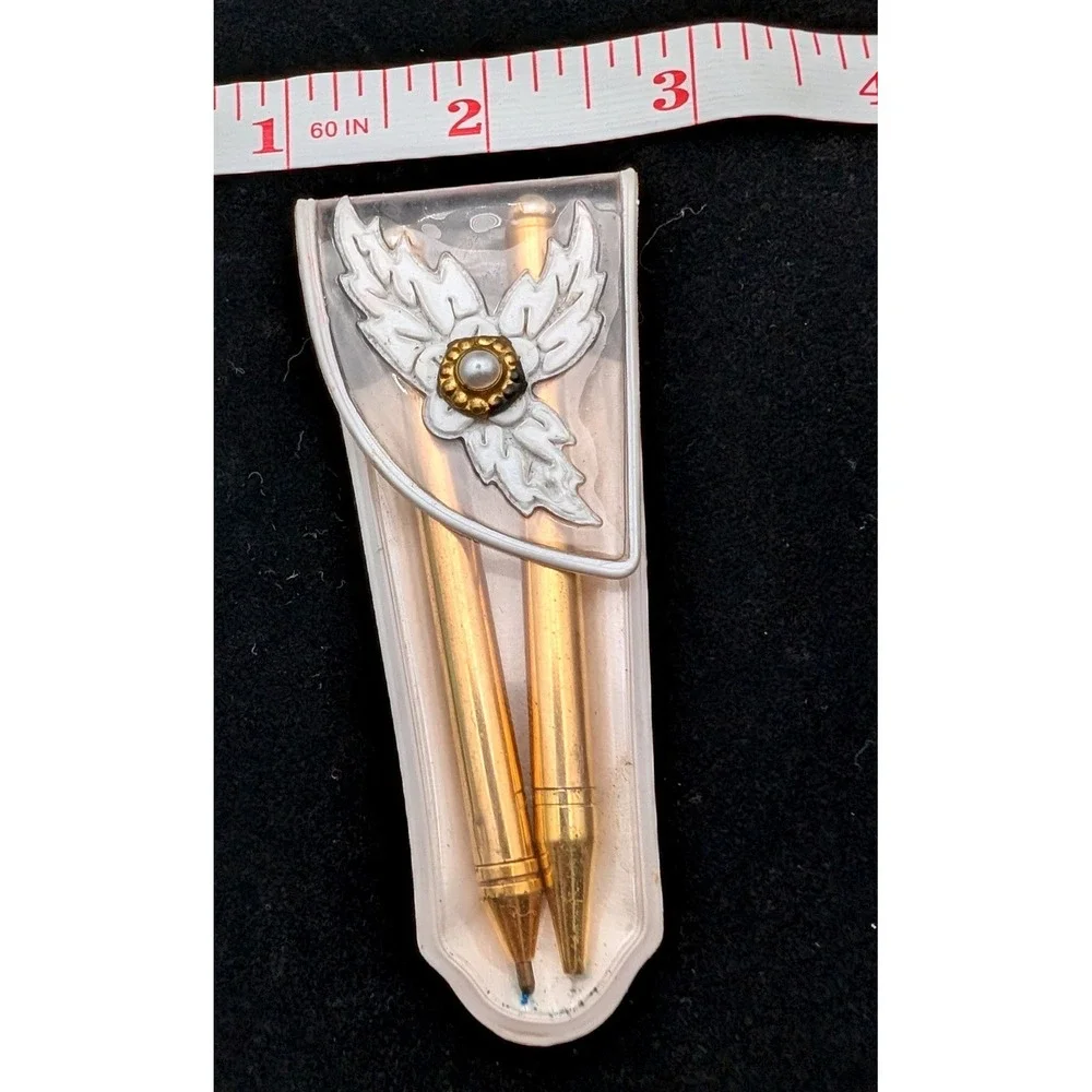 Vintage Gold Tone Pen and Mechanical Pencil Set White Leaf Pearl Pocket Case